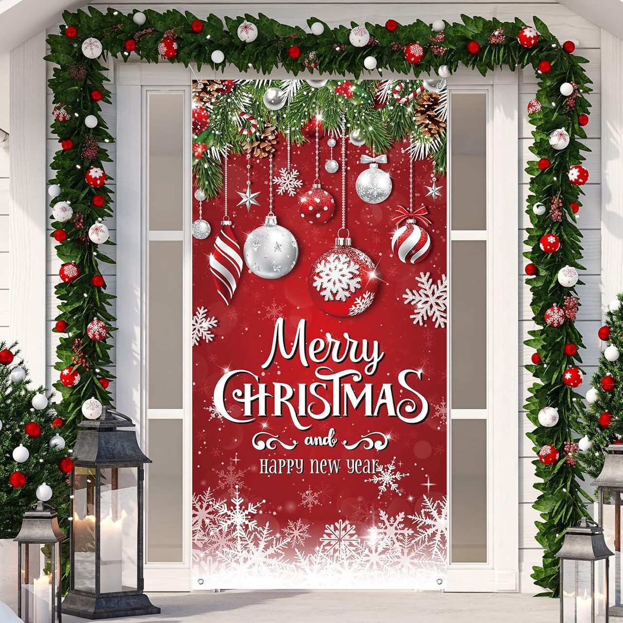 Christmas Door Cover Snowflake Merry Christmas Background Banner Xmas Fabric Door Banner Photography Hanging Cover Photo Booth Props Decorations for House Door Decor, 70.9 x 35.4 Inch